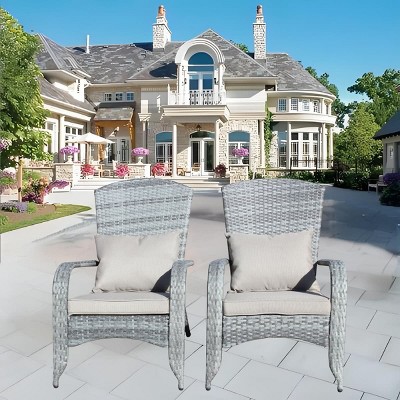 set of 2 Outdoor Gray Patio Arm Chair with Cushions Deep Seat Lounge Chair for Porch Deck or Garden Relaxation Brown Woven Backrest Design-Maison