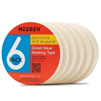 MEEDEN 6 Packs White Artist Tape, 0.5" 0.75" 1.0" x 60 Yard, MultiSized Masking Art Tape, Acid-Free Painters Tape for Painting Drafting Canvas Framing