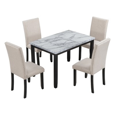 VYNXARIA Marble 5-Piece Dining Set Table with 4 Thicken Cushion Dining Chairs Home Furniture, White/Beige+Black