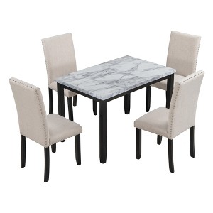 VYNXARIA Marble 5-Piece Dining Set Table with 4 Thicken Cushion Dining Chairs Home Furniture, White/Beige+Black - 1 of 4