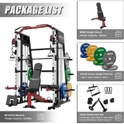 ER KANG Smith Machine, 2200lbs Squat Rack with LAT-Pull Down System & Cable Crossover Machine, Training Equipment with Leg Hold-Down Attachment