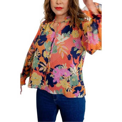 Women's Long Sleeve Tie Neck Floral Print Top - Fate