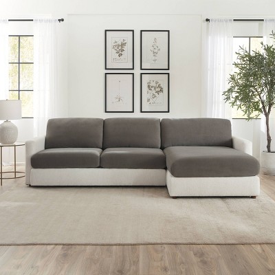Sure Fit Stretch Pique Sectional Small Couch Cushion Cover Single Flannel: Machine Washable, Indoor Microfiber & Spandex Slipcover