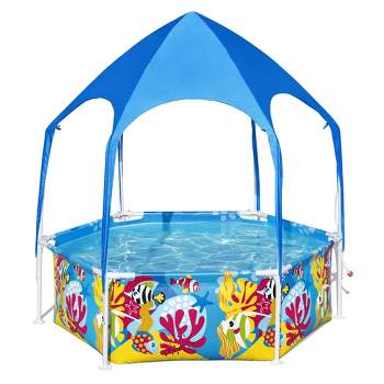 Bestway 6' x 20" Above Ground Kids Round Swimming Pool with UV Shaded Top Canopy and Built-In Water Mister, Underwater Sea Designed Exterior