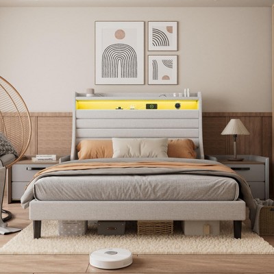 Platform Bed Frame, Upholstered Linen Headboard with Storage, Charging Station & LED Lights, Wood Slat Support, No Box Spring