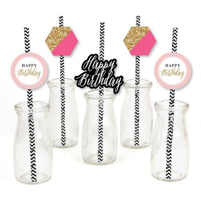 Big Dot of Happiness Chic Happy Birthday - Pink, Black and Gold Paper Straw Decor - Birthday Party Striped Decorative Straws - Set of 24