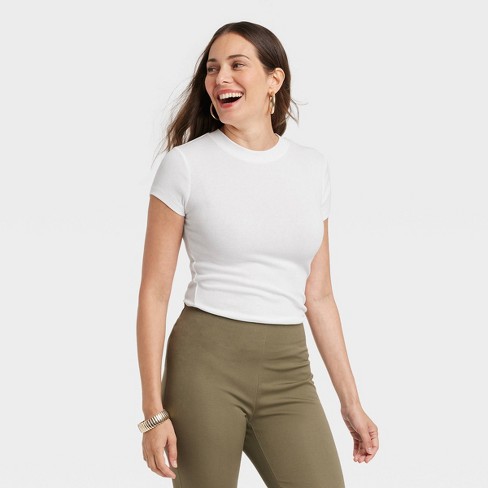Women's Slim Fit Short Sleeve Ribbed T-shirt - A New Day™ White S : Target