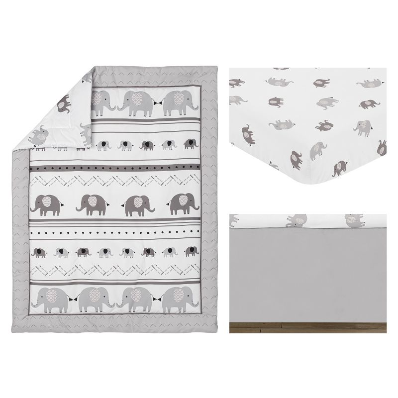 Sweet Jojo Designs Gender Neutral Unisex Baby Crib Bedding Set - Boho Elephant Grey White 3pc, 2 of 7