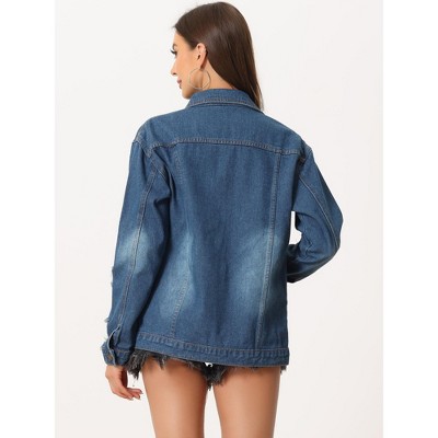 Allegra K Women's Long Sleeve Ripped Distressed Jean Jackets Blue Small — фото 4