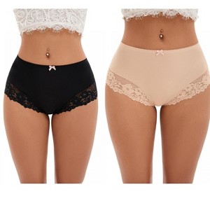 INSPIRE CHIC 2 Pcs Women's Lace Trim High Waist Briefs Seamless Lace Back Underwear Panties - 1 of 4