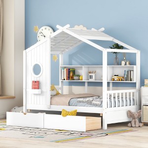 Whisen Twin Size House Bed & Kids Bed, Playhouse Bed with 2 Drawers, Storage Shelf - 1 of 4