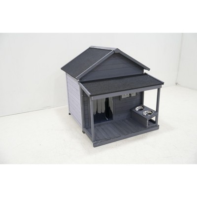 UbMelt Outdoor&Indoor Dog House with Porch and 2 Bowls Weatherproof Large Wooden Dog Kennel for Winter,Gray