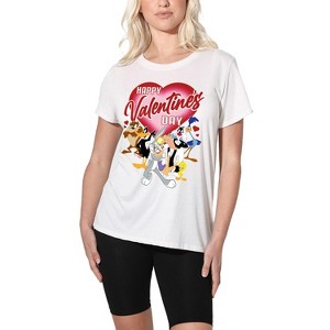 Women's Looney Tunes Valentines Day Bugs Lola Tweety Taz Daffy Loose T-Shirt - 1 of 4