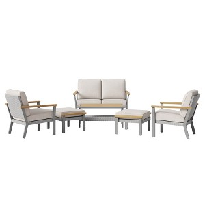 SONGMICS HOME Sencillo Collection - 6 Piece Patio Furniture Set, 1 Coffee Table, 1 Loveseat, 2 Lounge Chairs and 2 Ottomans, Gray and Beige - 1 of 4