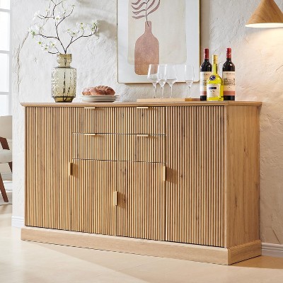 SinCiDo Farmhouse 58"wide Buffet Cabinet w/ Storage Trough,Adjustable Shelves,w/ 2 Drawers & 4 Doors,Kitchen Bar & Living Room Coffee Bar,Natural