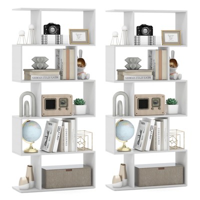 Tangkula 2pcs 5-Tier Geometric Bookshelf Wooden Decorative Display Shelf w/Large Capacity Freestanding S-shaped Bookcase Black/White/Rustic Brown
