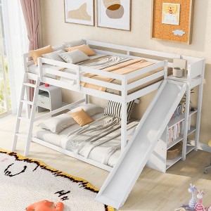 Okak Full over Full Wood Bunk Bed with Ladder, Storage Shelves, Loft Bunk Bed with Slide for Teens, Easy Assemble, White - 1 of 4