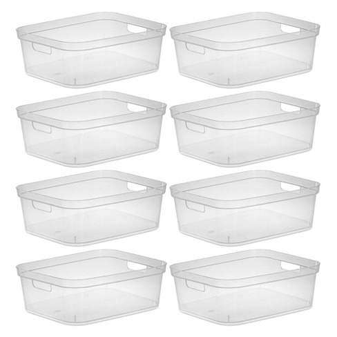 Sterilite 5.25x9.5x13 In Medium Polished Open Scoop Front Storage Bin w/  Comfortable Carry Through Handles for Household Organization, Clear (8  Pack)