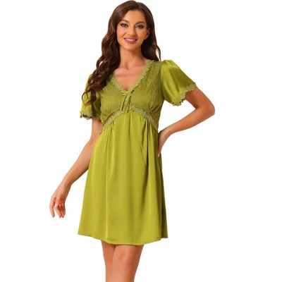 cheibear Women's Short Sleeves V Neck Lace Trim Lounge Pajamas Nightgowns