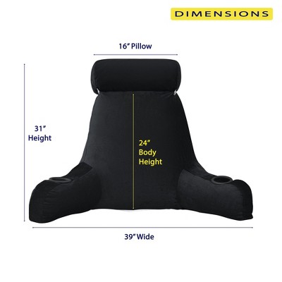 Extra Large Black Velvet Reading Pillow with Cup Holders