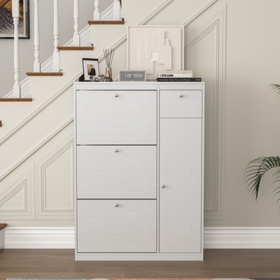 MAYEERTY Shoe Cabinet, Freestanding Tipping Bucket Rack with 3 Flip Drawers, Entryway Slim Hidden Storage with Adjustable Shelf, White