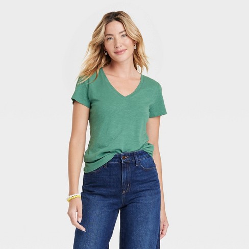 Women's Fitted V-Neck Short Sleeve T-Shirt - Universal Thread™ Dark Green L