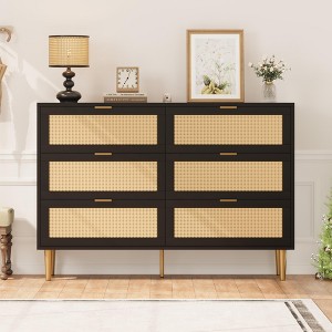 6 Drawer Rattan Dresser with Gold Accents, Wide Double Dresser with Anti-Tipping Design, Large Tabletop Storage Cabinet - 1 of 4