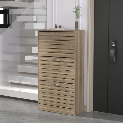 Brown Wood Grain 3-Tier Shoe Storage Rack with Metal Handles