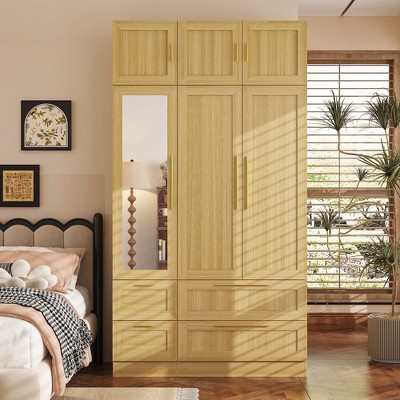 FUFU&GAGA Wooden Wardrobe with Mirror & Modular Storage: Drawers + Top Cabinets, Tailored for Bedroom & Dorm