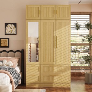 FUFU&GAGA Wooden Wardrobe with Mirror & Modular Storage: Drawers + Top Cabinets, Tailored for Bedroom & Dorm - 1 of 4