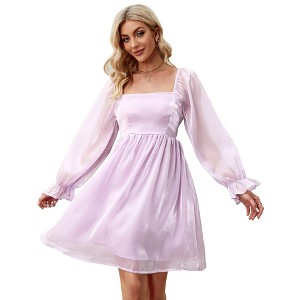 BLUEMING Womens Babydoll Dress Square Neck Midi Dress with Gather Cuff Mesh Sleeve High Waist Dress - 1 of 4