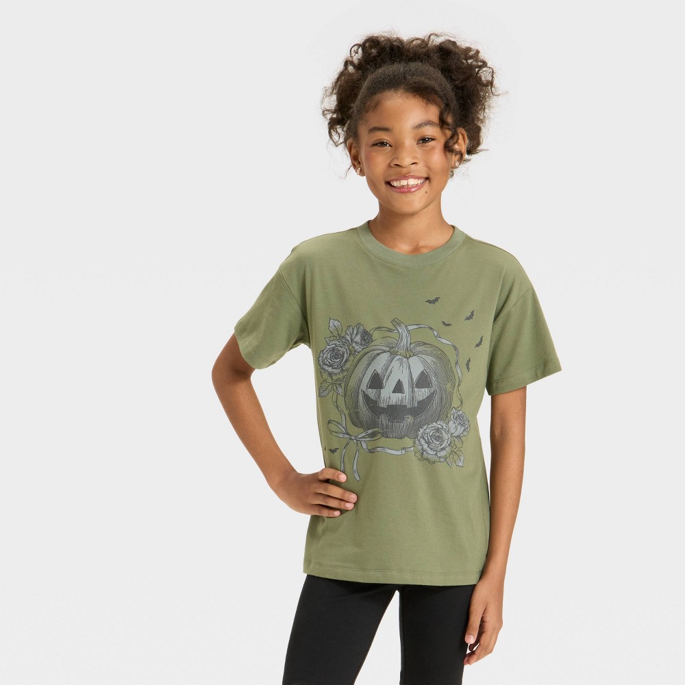 Girls' Short Sleeve Oversized Halloween Graphic T-Shirt - Cat & Jack™ Olive Green S