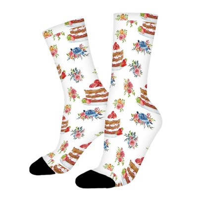 Cute Flowers Cakes Women Printed Crew Socks Funny Funky Socks Soft Polyester Novelty Gifts for Artists Men