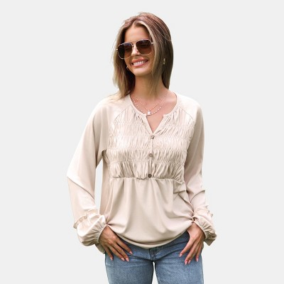 Women's Neutral Split Neck Long Puff Sleeve Top - Cupshe