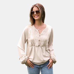 Women's Neutral Split Neck Long Puff Sleeve Top - Cupshe - 1 of 4