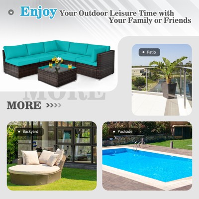 Turquoise Cushioned 5-Person Brown Iron Wicker Patio Set