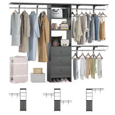 FURNIinspire Garment Racks Closet Organizer, High Capacity Wardrobe Rack With 3 Drawers, Shelves, Expandable Hanger Rods, Gray, 96"*16"*75"