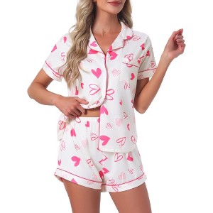 INSPIRE CHIC Women's 2 Pcs Pajama Sets Short Sleeves Cute Bow Print Soft Comfy Button Up Tops and Shorts - 1 of 4