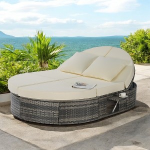 Mshliw Outdoor Patio Round Daybed, Sun Bed with Adjustable Backrests, Rattan Lounger with Cushions and Pillows for Backyard, Poolside, and Garden - 1 of 4