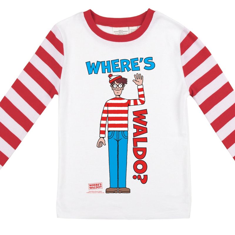Where's Waldo Character Pose Boy's Long Sleeve Shirt & Red & White Striped Sleep Pajama Pants Set, 4 of 5