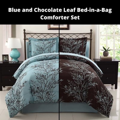 King Blue and Chocolate Floral Microfiber Bed in a Bag Set