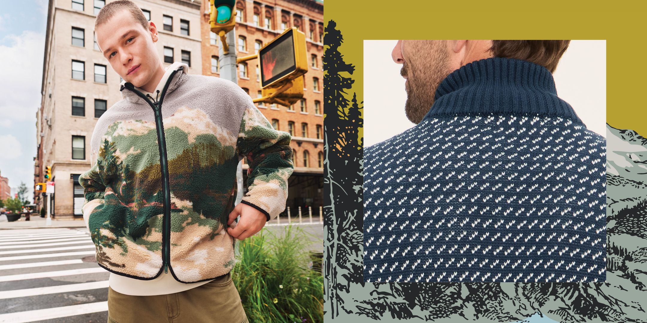 Man in cream graphic logo patch hoodie under a landscape print fleece jacket with olive workwear pants. Man in cream all-over bird print button-down shirt with navy nordic print collared sweater.