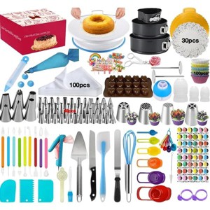 Professional Cake Decorating Kit w/3 Springform Pans, Rotating Turntable, 54 Icing Tips & Russian Nozzles, Chocolate Molds for Baking - 1 of 4