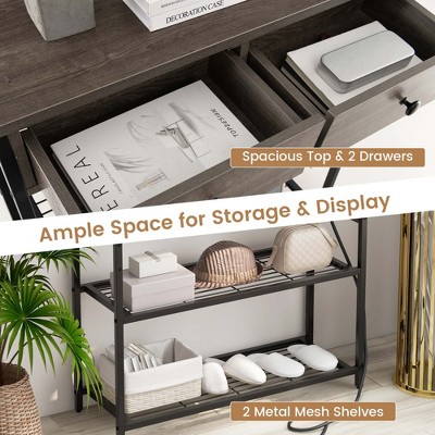 Grey Oak and Black Metal Console Table with Storage and Charging Station