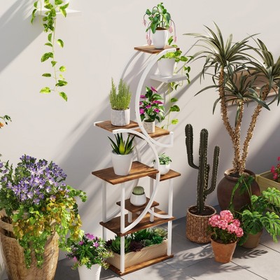 Carbonized Finish White Steel and Fir Wood 8-Tier S-Shaped Plant Stand
