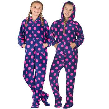 Footed Pajamas - Family Matching - Navy Pink Polka Hoodie Chenille Onesie For Boys, Girls, Men and Women | Unisex
