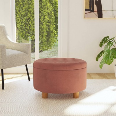 Spice Velvet Round Tufted Storage Ottoman with Oak Legs