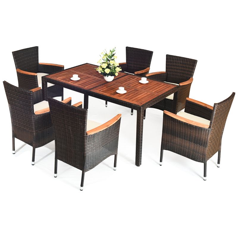 Costway 7PCS Patio Rattan Dining Set 6 Stackable Chairs Cushioned, 2 of 10