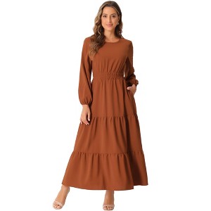 Allegra K Women's Fall Long Sleeve Crewneck Casual Tiered Midi Dress with Pockets - 1 of 4