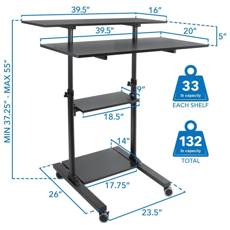 Mount-It! Wide Mobile Stand Up Desk | Height Adjustable Rolling Workstation with 40" Wide Table Tops | Multi-Purpose Rolling Presentation Cart - Black, 2 of 7